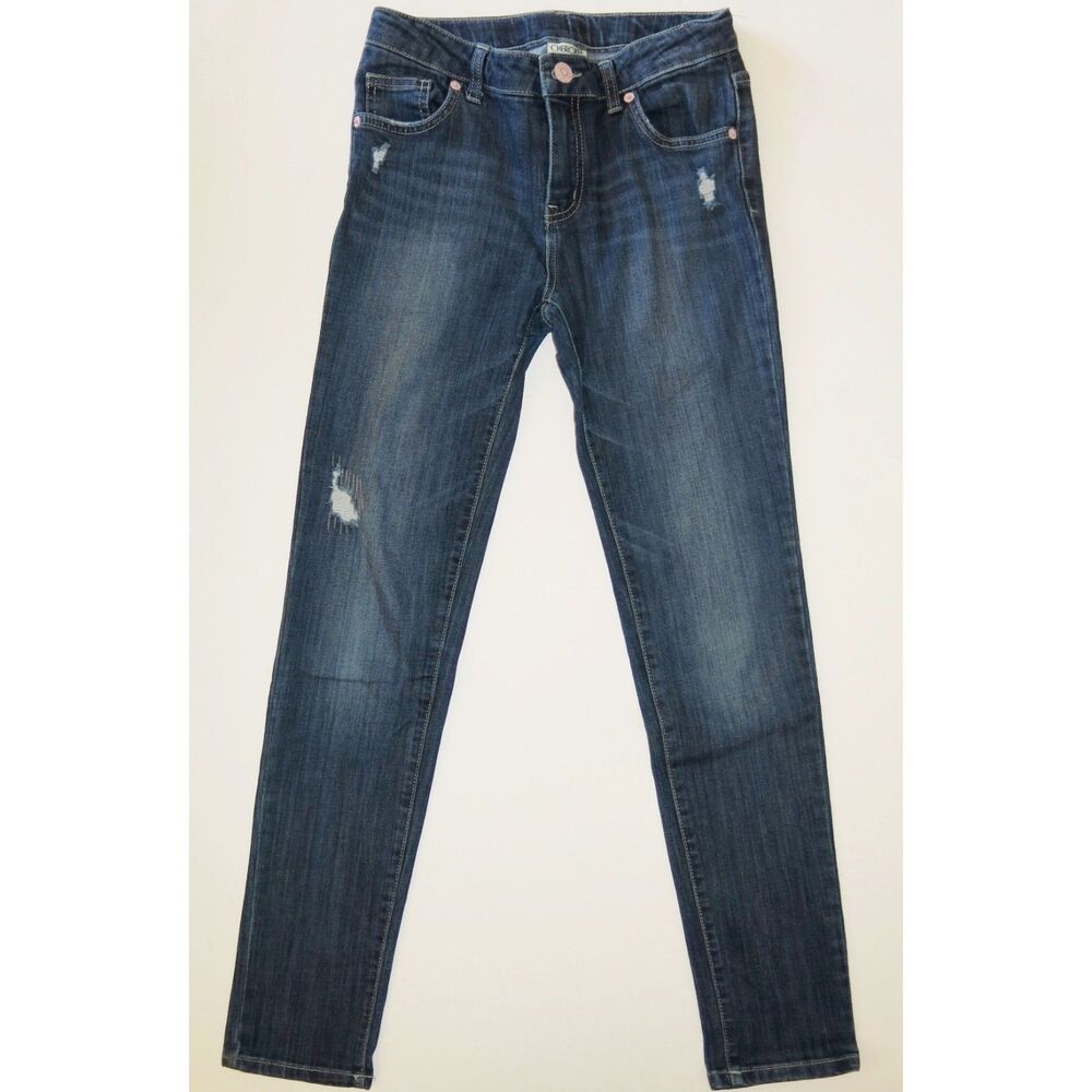 Cherokee girls jeans XL 14 dark stretch denim pants distressed straight leg mid